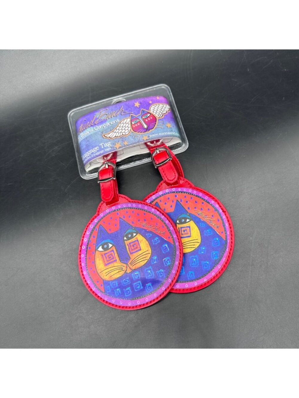 Laurel Burch Luggage Tags Set Of 2 Vibrant Red Purple Cats Travel Accessory